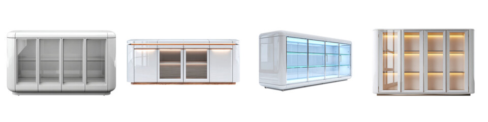 Modern contemporary display cabinets with sleek white finishes and integrated lighting perfect for elegant home or retail showcase solutions