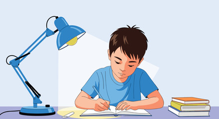 A young boy focuses intently on his studies at a desk illuminated by a bright blue lamp, diligently writing in his notebook next to a stack of books.