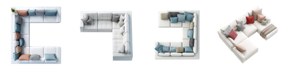 Modern white sectional sofa arrangements perfect for interior design mockups and catalogs, showcasing comfort and style in living room spaces, ideal for home decor concepts