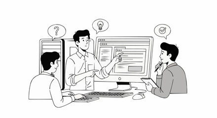 Hand drawn illustration of a business team collaborating on a project.