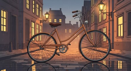Fototapeta premium Vintage bicycle stands parked on a cobblestone street reflecting evening illumination from nearby buildings