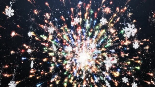 Snowflakes falling that suddenly turn into fireworks sparkles, magical transition effect, seamless morph