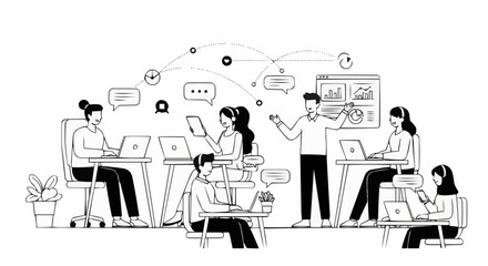 Diverse team collaborating in a modern office environment.