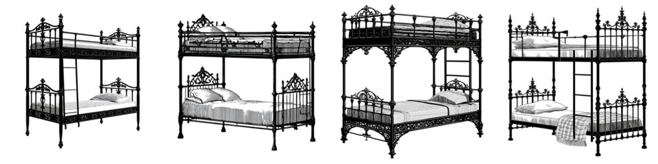 Vintage ornate metal bunk beds with cozy bedding, perfect for creating nostalgic children's rooms or unique interior design concepts