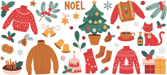 Festive Christmas illustration set with sweaters, gifts, tree, decorations, cat, cookies, ornaments, Noel text, cozy winter holiday design elements