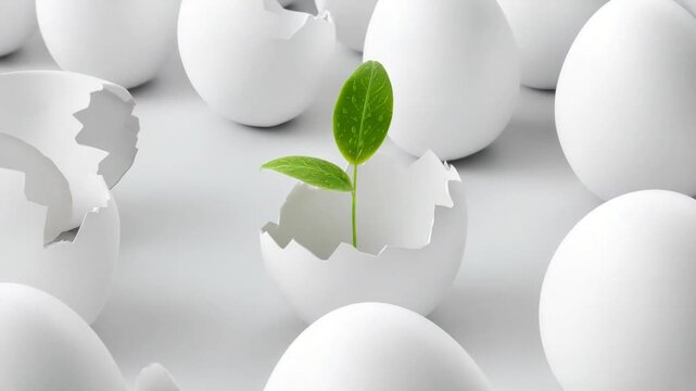 A sprouting green plant emerges from a cracked egg amidst other whole and broken eggs, all white