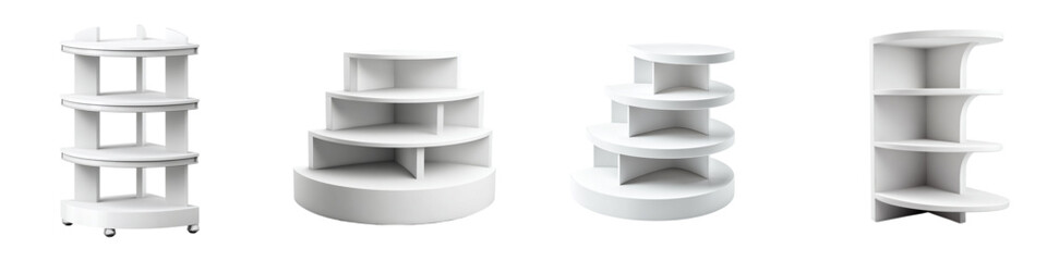 Modern display stands and shelving units in various sleek circular and corner designs perfect for retail product showcasing and organized storage solutions