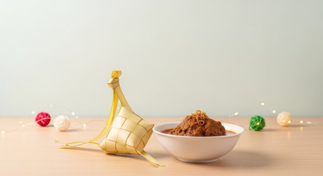 Rendang dish and woven ketupat presented on wooden table