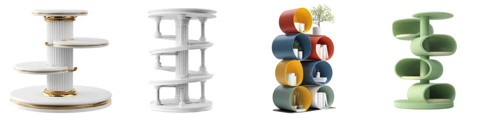 Modern display shelves and stands showcasing innovative home decor and organizational solutions with vibrant and elegant designs