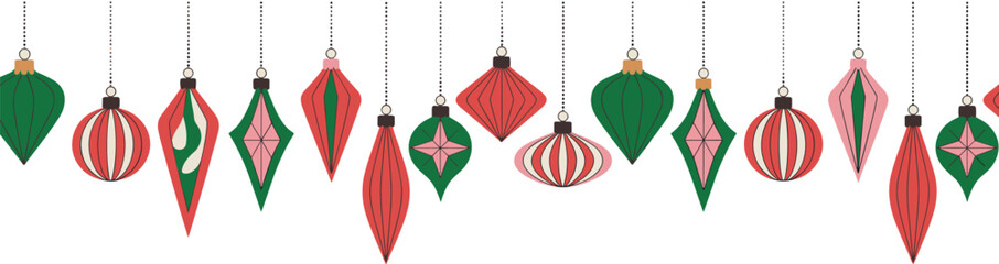 Vintage style Christmas ornaments pattern in red green and pink, festive hanging baubles seamless background for holiday decoration design