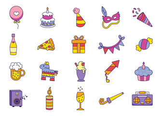 Birthday Vector & Icon Collection – Happy Birthday, Celebration Icons, Party Elements, Balloons, Cake, and Festive Vector Illustrations