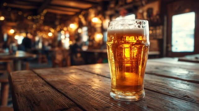 Amber beer on a rugged wooden table, warm bar lights glow as blurred patrons linger in background..