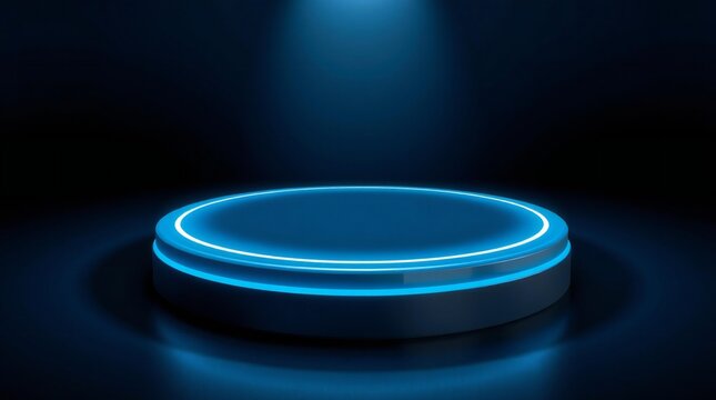 Futuristic neon blue illuminated stage podium with spotlight