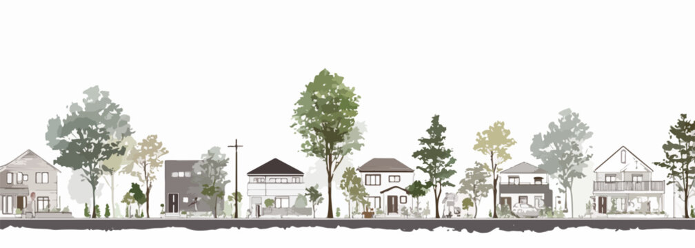 Uma ilustra&ccedil;&atilde;o vetorial detalhada de uma rua residencial tranquila, exibindo diversas casas e &aacute;rvores exuberantes em um cen&aacute;rio sereno.