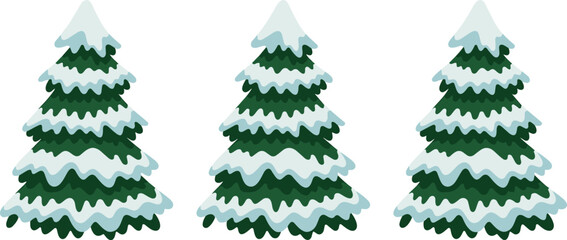 Three cartoon snow-covered pine trees illustration, winter Christmas forest design, evergreen trees with white snow layers isolated on white background