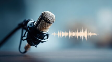 A studio condenser microphone positioned on a stand displays a visible sound wave graphic emanating from its grille against a softly blurred blue background