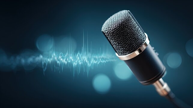Professional studio microphone capturing a glowing blue soundwave on a dark blue background with bokeh effects - Powered by Adobe