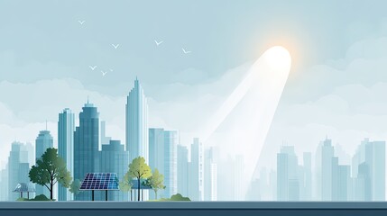 A futuristic cityscape with modern skyscrapers trees and solar panels under a bright sun and cloudy sky with flying birds