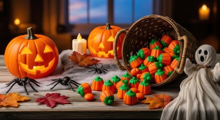 Halloween still life: Jack-o'-lanterns, ghost and pumpkin candies evoke the spirit of the season