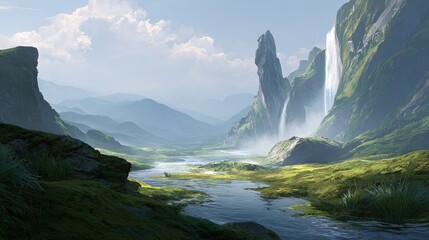 Expansive misty mountain valley with flowing river lush green mossy slopes and cascading waterfalls under a bright sky