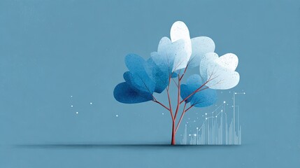 Stylized tree with blue and white leaves on a blue background next to a growing financial graph