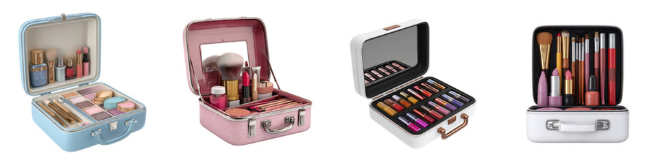 Chic makeup cases brimming with cosmetics and brushes, perfect for travel, organization, and beauty enthusiasts seeking stylish storage solutions for their essentials.