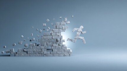 A stylized human figure composed of stone blocks breaks through a crumbling brick wall with blocks scattering