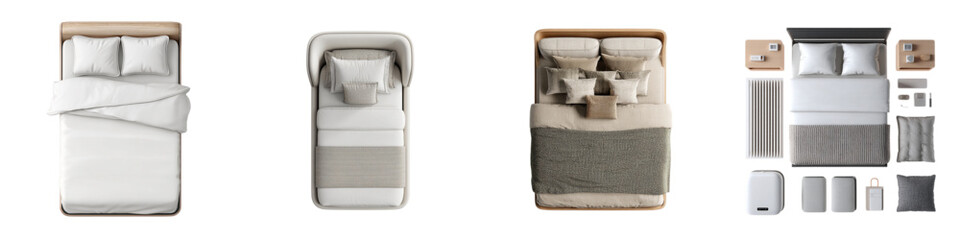 Stylish modern bedroom furniture arrangements and decor elements presented from a top down perspective for interior design inspiration and planning