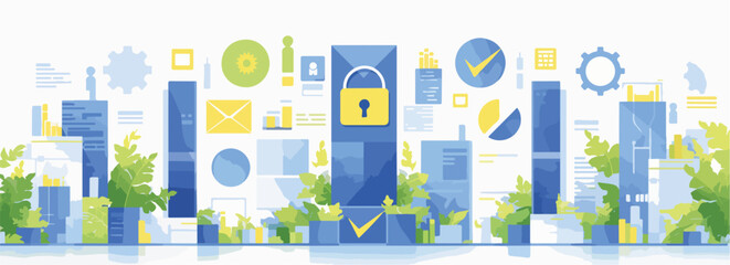 Esta ilustração vetorial moderna representa a segurança digital e a proteção de dados em um ambiente tecnológico complexo, com elementos gráficos e um cadeado central.