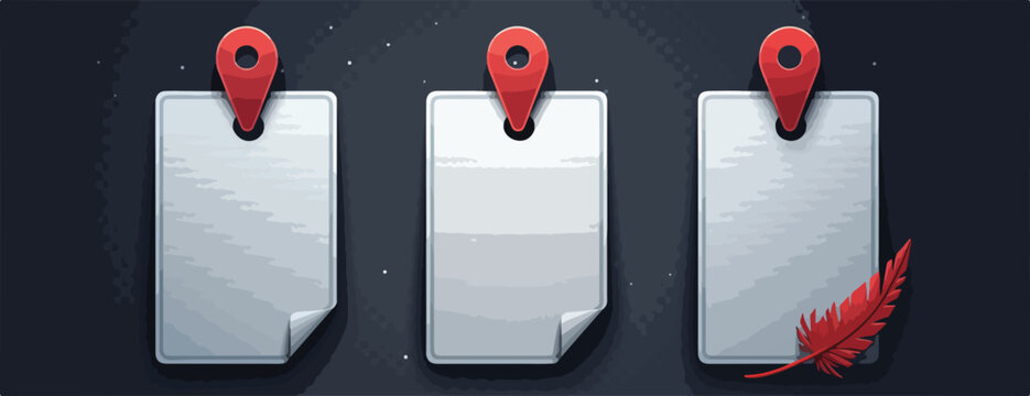 Conjunto de &iacute;cones vetoriais de notas brancas presas com alfinetes de mapa vermelhos, ideais para interfaces de usu&aacute;rio ou lembretes digitais.