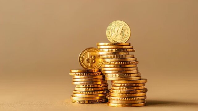 Stack of gold coins on brown background, reflecting wealth and investment