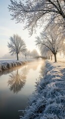 Serene frost kissed landscape reflecting on calm waters during winter mornings
