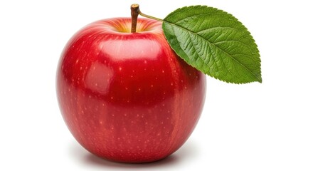 Studio shot of a vibrant red apple with a fresh green leaf against a pristine white backdrop