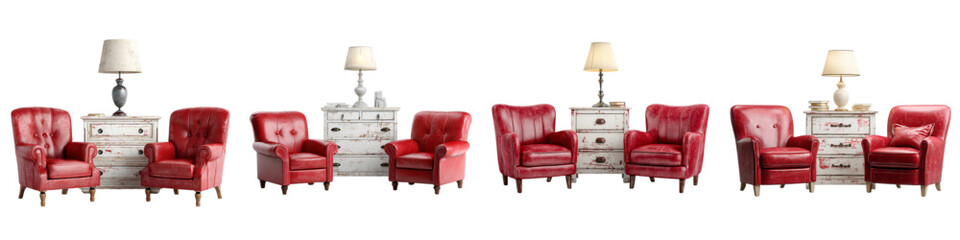 Elegant red leather wingback armchairs flank a vintage distressed white dresser adorned with a classic table lamp creating a cozy, luxurious seating vignette perfect for sophisticated interiors