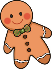 Gingerbread man cartoon with a smiling face and a green bow tie