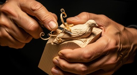 The skilled hands meticulously carving a delicate bird sculpture from a piece of wood artwork