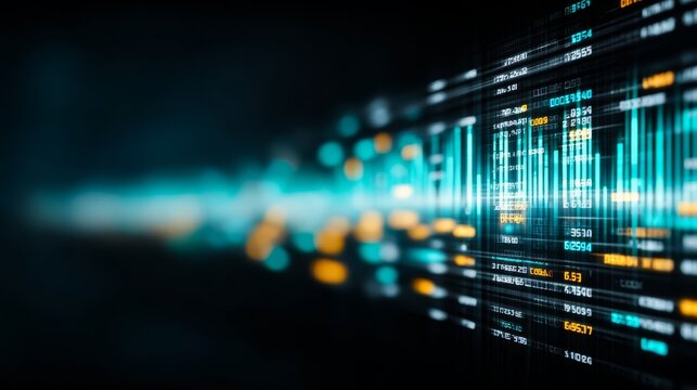 Abstract digital art dark background illuminating randomly scattered numbers in various sizes.