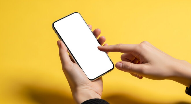 Modern Smartphone Held by Hand with Blank Screen on Bright Yellow Background