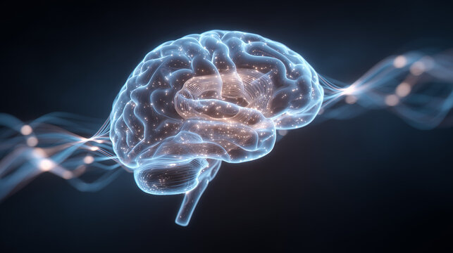 Glowing transparent human brain with neural network connections and energy flow