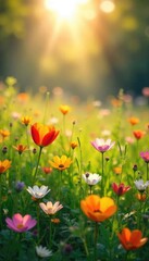 Obraz premium Vibrant wildflowers in a lush meadow bathed in the warm glow of springtime sunlight Perfect for illustrating themes of renewal, growth, and natural beauty , flora, ecosystem