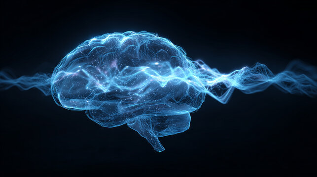 Abstract glowing blue brain with energy waves on a dark background