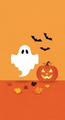 Whimsical autumnal scene featuring a friendly ghost pumpkin and bats illustration