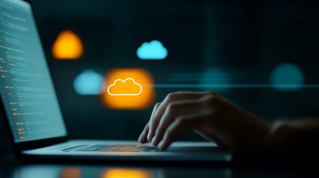 Person working on laptop with cloud computing icon displayed on screen for digital services.