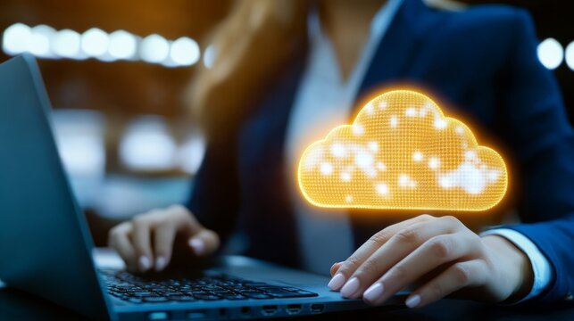 Businesswoman holding cloud over laptop digital transformation and cloud computing concept.