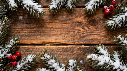 Rustic wooden surface is adorned with snow dusted pine branches and vibrant red berries, creating festive and cozy winter atmosphere