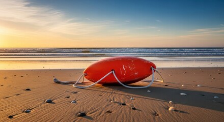 A vivid lifeguard buoy rests on a sandy beach against a serene sunset backdrop creating tranquility