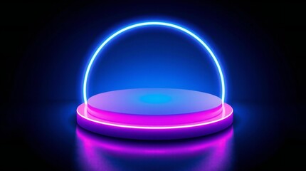 Futuristic neon podium with glowing blue arch on dark background