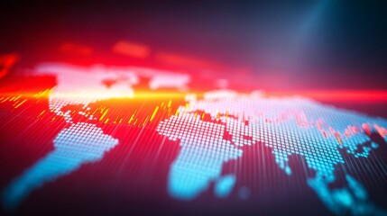 Illuminated world map vibrant red and blue lights glowing across global continents.