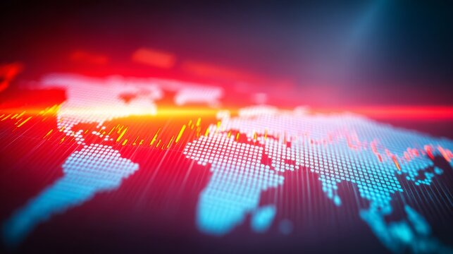 Illuminated world map vibrant red and blue lights glowing across global continents.