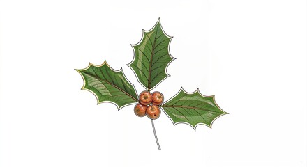 A single sprig of green holly with red berries on a white background